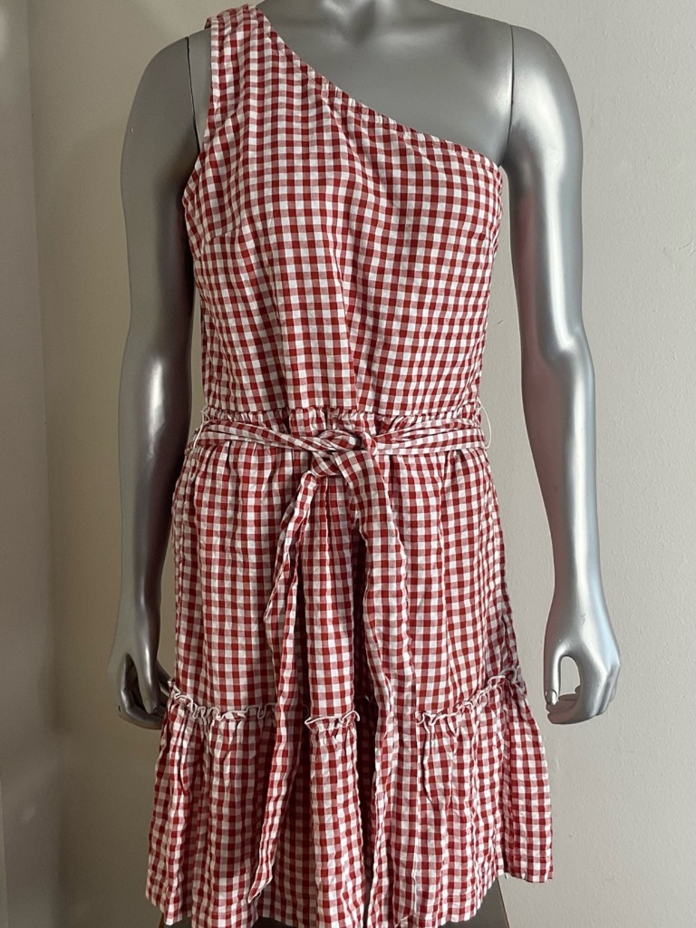 NWT crown & ivy red gingham one-shoulder ruffle dress size 6 new - Picture 2 of 8